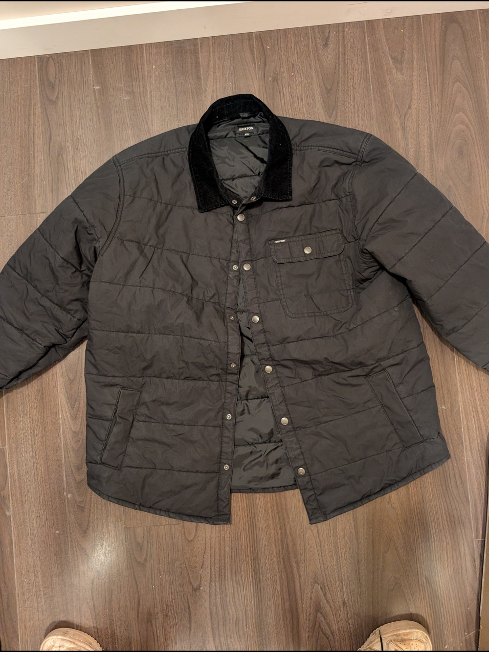 Men's Black Quilted Jacket with Corduroy Collar - Picture 1 of 3